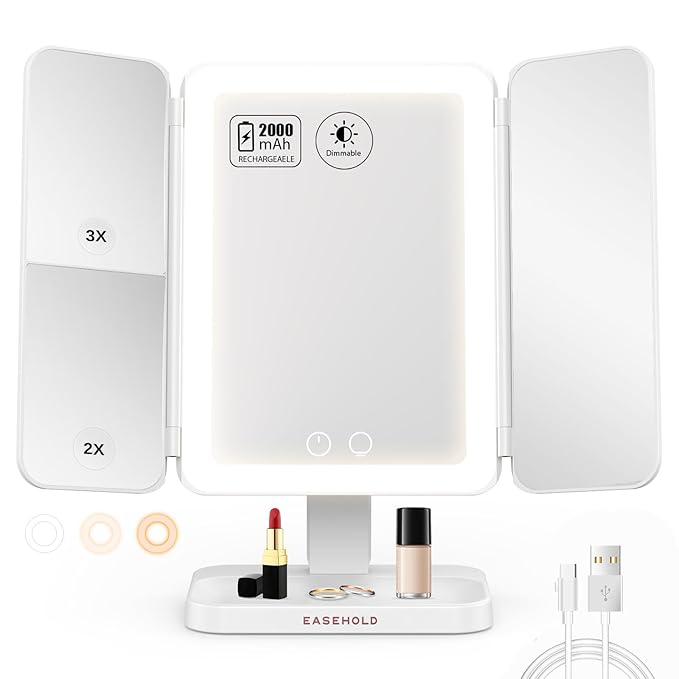 EASEHOLD Lighted Makeup Mirror with 3X Magnification, 3 Color Lights & Touch Sensor - Rechargeable Trifold Vanity Mirror for Travel, Desk, Home Use