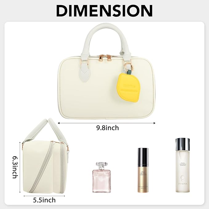 Travel Makeup Bag for Women Fashion Large Capacity Pouch Open Flat Cosmetic Portable Organizer Waterproof Large Opening Storage Toiletry Bags Vertical Free-Standing Brush Holder for Easy Access Beige