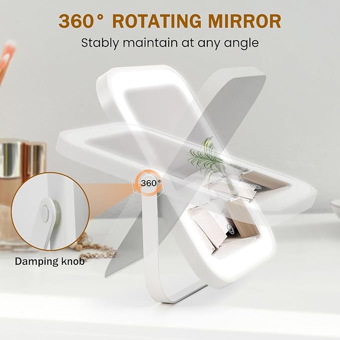 8" x 10" Lighted Vanity Mirror with 3-Color Dimmable LED, HD Professional Mirror with Lights, 360° Rotation, Portable Makeup Mirror for Bedroom Desk or Travel (White)
