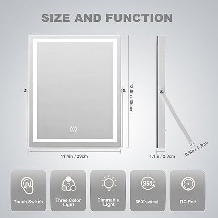 Hasipu Vanity Mirror with Lights, 11.4" x 13.8" LED Makeup Mirror with 10X Magnification, Smart Touch 3 Colors Dimmable, Brightness Adjustment, 360° Rotation, White