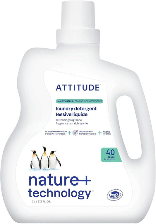 ATTITUDE Liquid Laundry Detergent, EWG Verified, HE Compatible, Plant-Based & Vegan, Natural Laundry Soap, Mountain Fresh Scent, 40 Loads, 67.6 Fl Oz