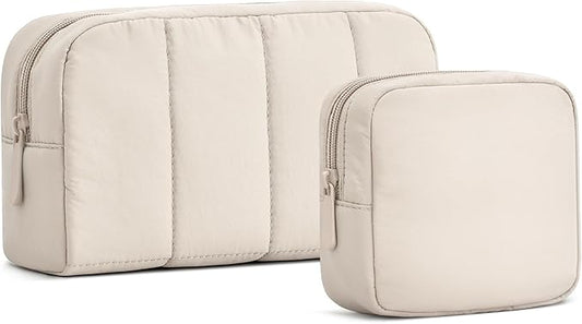 oscaurt 2 Pcs Makeup Bag Travel Toiletry Bag for Women Puffy Padded Cosmetic Pouch Purse Wide-open Makeup Organizer Case Travel Essentials