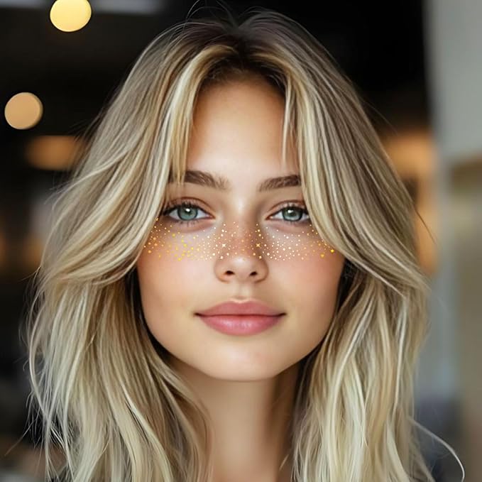 Gold Glitter Freckles Face Tattoo - Face Glitter Makeup Speckles - Women Face Sparkle Freckles Patches for Halloween Makeup Prom - Carnival Party