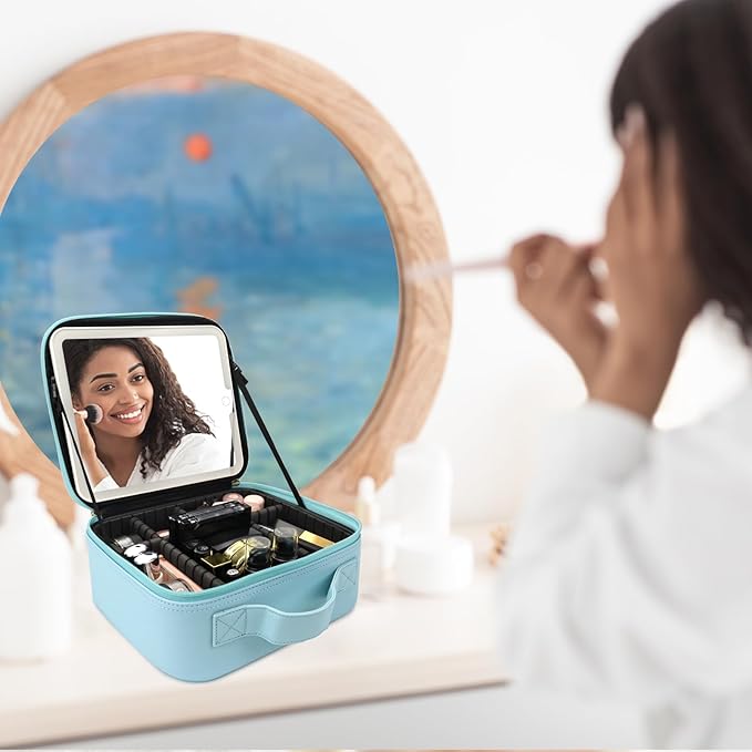 Travel Makeup Bag with LED Mirror Travel Makeup Organizer with 3 Lighted Settings, Adjustable Dividers and Makeup Brush Storage Bag Light Blue