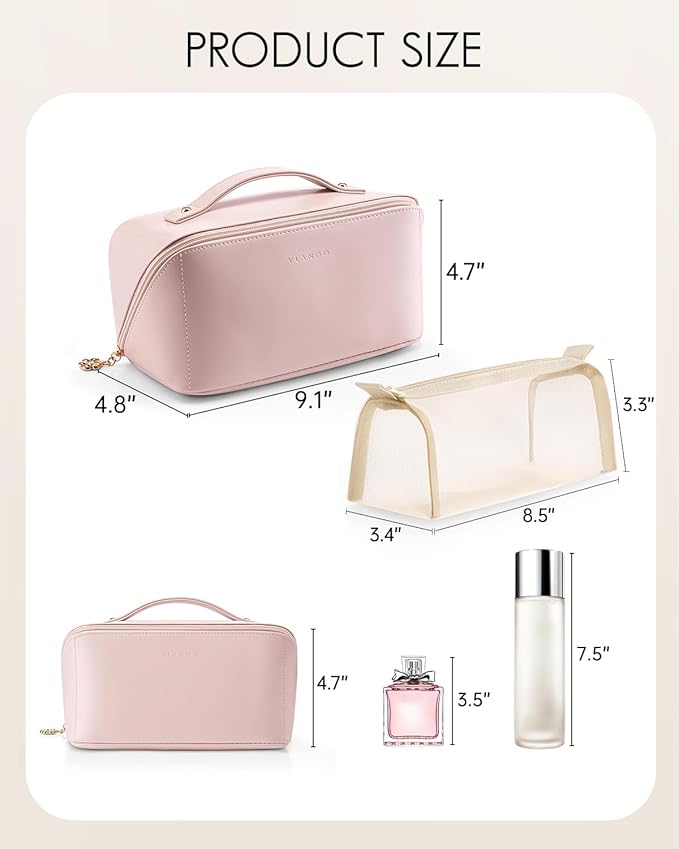 Vlando Makeup Bag,Large Capacity Toiletry Bag for Women Waterproof Portable Make up Pouch PU Leather Open Flat Cosmetic Bag(Pink)