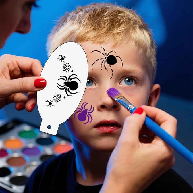 63 pcs Halloween Face Painting Stencils Kit, 38 pcs Reusable Face Body Paint Stencils Templates, 10 Brushes, 13 pcs Sponges, 2 Black Gems for Halloween Makeup Depvision Face Paint Accessory Kit