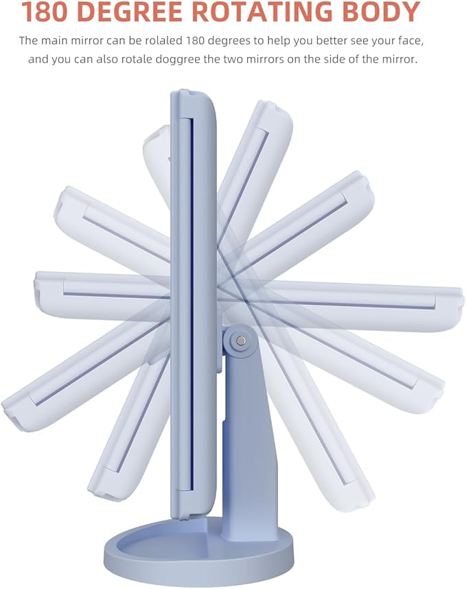 Trifold Makeup Mirror Vanity Mirror with Lights,1X 2X 3X Magnification,Touch Screen,180 Adjustable Rotation,Portable Travel Bathroom Cosmetic Mirror