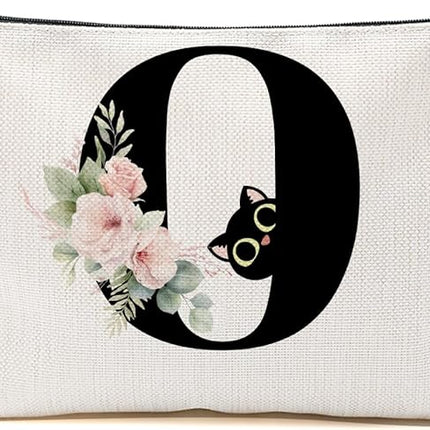 Floral Cat Initial Makeup Bag, Personalized Skin Care Bag, Travel Organizer Toiletry Bags for Women Mom Friends, Cosmetic Bags Makeup Pouch with Zipper, Letter O