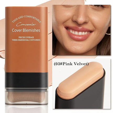 Flawless Face Foundation Stick,2-in-1 Long-Lasting Concealer Foundation Stick with Brush,Multi-Use Makeup for Dark Circles & Blemishes,Waterproof Thin Contour Sticks for Face Makeup (03#Pink Velvet)