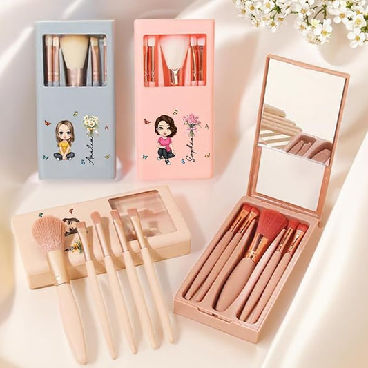 CALLIE Personalized Travel Makeup Brushes Set with Mirror | 5 Pcs | Custom Birth Flower and Cartoon Character on mini Makeup Brushes Storage Box | Birthday Christmas Bridal Shower Gift for Women