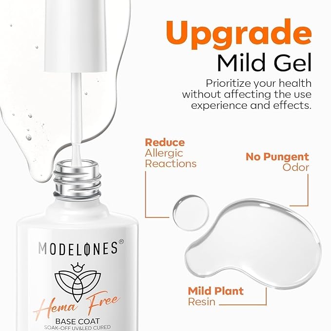 modelones Hema-Free Gel Base Coat, No Wipe Base Coat Gel Nail Polish Hypoallergenic Clear Color Long Lasting Glossy for Weak Nails Protect Soak Off Home Salon Gif Girls Woman Manicure U V/LED Needed