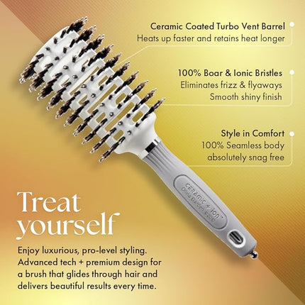 Olivia Garden Ceramic + Ion Turbo Vent Combo Hair Brush - Not Electrical - Ionic and 100% Boar Bristles - Professional Round Blowout Brush for Normal to Thick Hair
