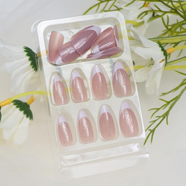 Almond Press on Nails Medium Fake Nails with Glitter Designs White French Tip Nails Press ons Winter Acrylic Nails for Women 24 Pcs