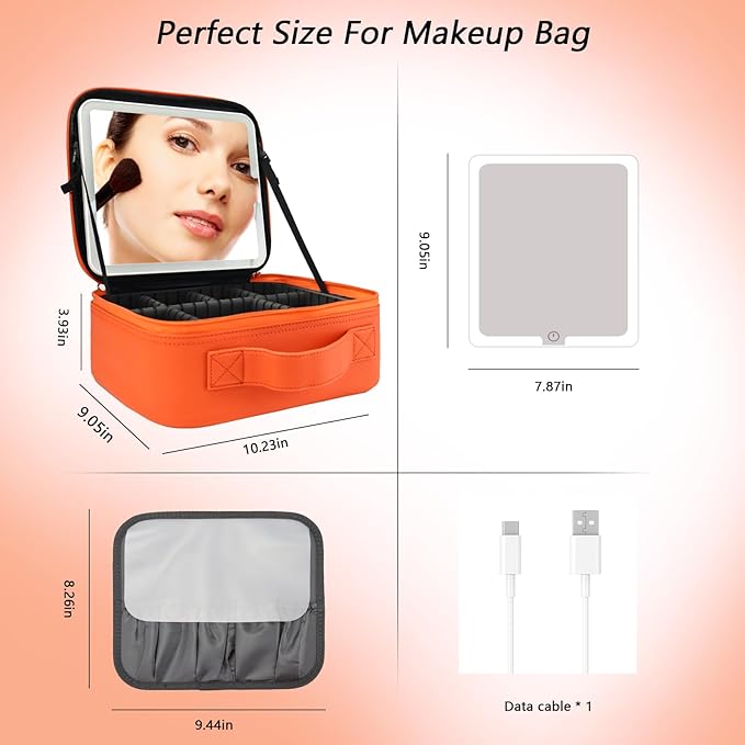 Travel Makeup Bag with LED Mirror Travel Makeup Organizer with 3 Lighted Settings, Adjustable Dividers and Makeup Brush Storage Bag Orange