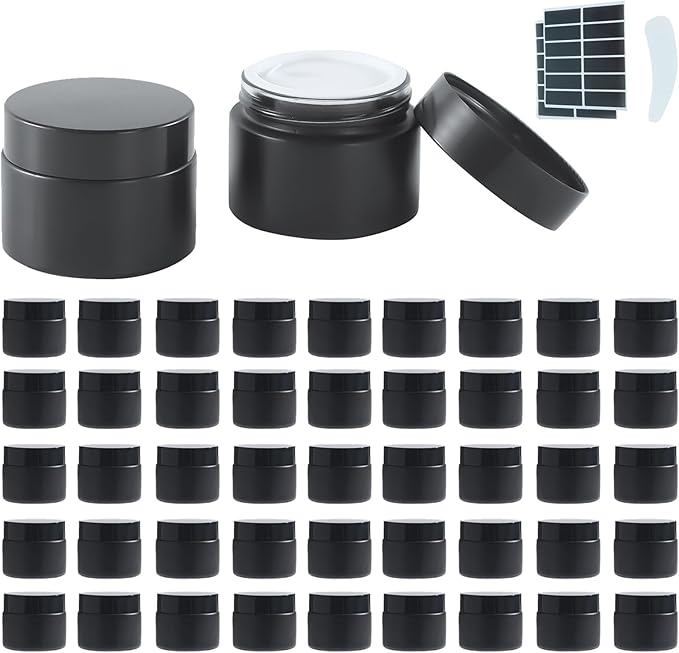 2Oz Small Glass Jars with Lids, 45Pack Lotion Container, Cosmetic Containers, Little Travel Jars for Creams with Mini Spoon, Black Label (Matte Black)