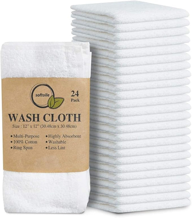 Softolle 100% Cotton Washcloths 24 Pack (12x12 Inches) Soft, Highly Absorbent Washcloth, Face Towels, Wash Cloths for Face, Ring Spun, Bulk Pack (White)