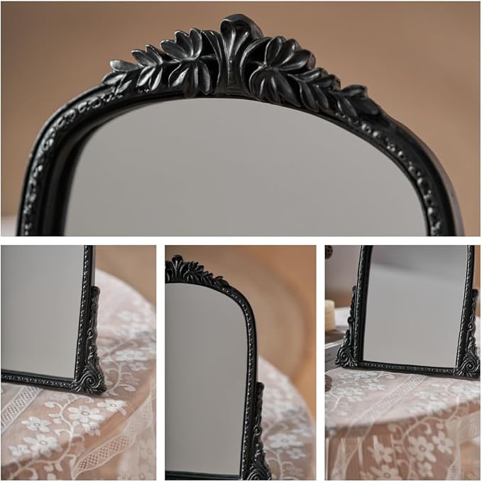 Vintage Black Vanity Makeup Mirror, Antique Arch Table Mirror with Carved Resin Frame, Small Standing Mirror for Bedroom, Living Room, Tabletop (13.2" x 12.8")
