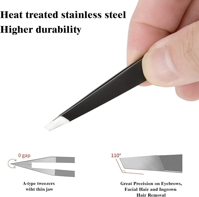 Stainless Steel Tweezers for Eyebrows-Slant Tweezer with Case for Women&Man,Great Precision on Brow,Facial Hair and Ingrown Hair Removal(Black)