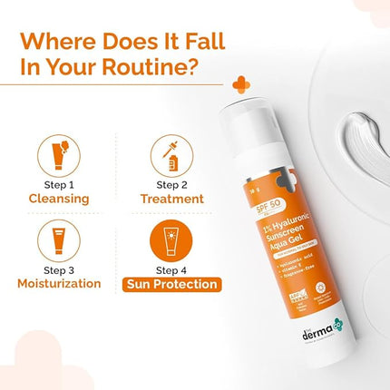 The Derma Co 1% Hyaluronic Sunscreen Aqua Gel with SPF 50 & PA++++ | Broad Spectrum UVA/B & Blue Light Protection | Lightweight & Quick Absorbing with Vitamin E | 1.76 Oz/50g