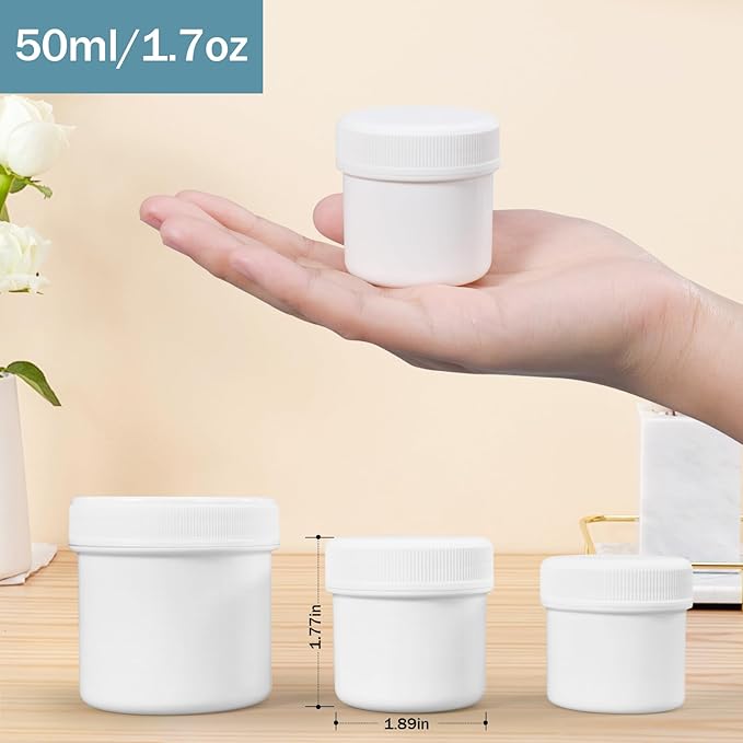 ASEVAT 6 Pack Airtight Plastic Jars, Leak-Proof Travel Size Jar | Refillable Cosmetic Containers for Creams, Lotions, TSA-Approved Clear Jars with Secure Lids (1.7oz, white)