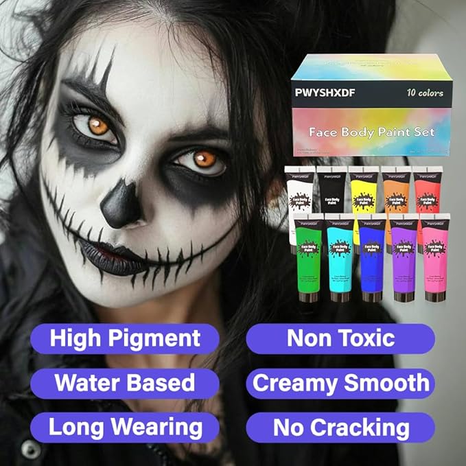 10 Colors Face Body Paint Set, Water Based Body Paint for Adults & Kids, Washable Face Paint Kit with Brushes & Sponges, Non-Toxic Face Painting for Halloween Party Cosplay Stage Makeup
