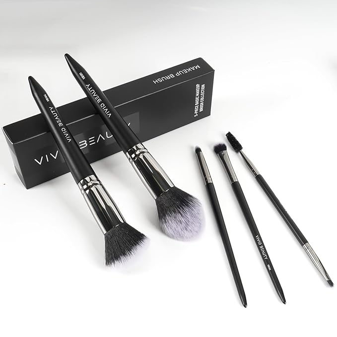5pcs Basic Makeup Brushes- Portable Face and Eye Set for Powder, Blush, Bronzer, Eyeshadow, and Eyebrow - Travel Friendly Brush Kit -Perfect for Daily Make up and On the Go Touch-Ups (Black)