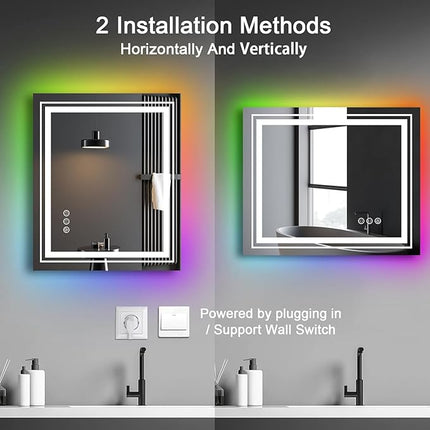 LED Mirror for Bathroom, 48"X40" with 8 RGB Backlit +3 Front Lit (Adjustable Individually), Anti-Fog, Large Lighted Bathroom Vanity Mirror for Wall,Shatterproof,Memory Function,Tempered Glass