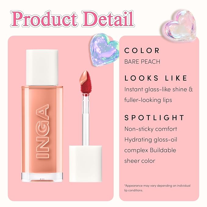 INGA Water Glow Lip Tint | Hydrating, Glossy Korean Lip Tint with Sheer Color & Glass-Like Shine | Long-Lasting, Non-Sticky Korean Lip Stain (BARE PEACH)