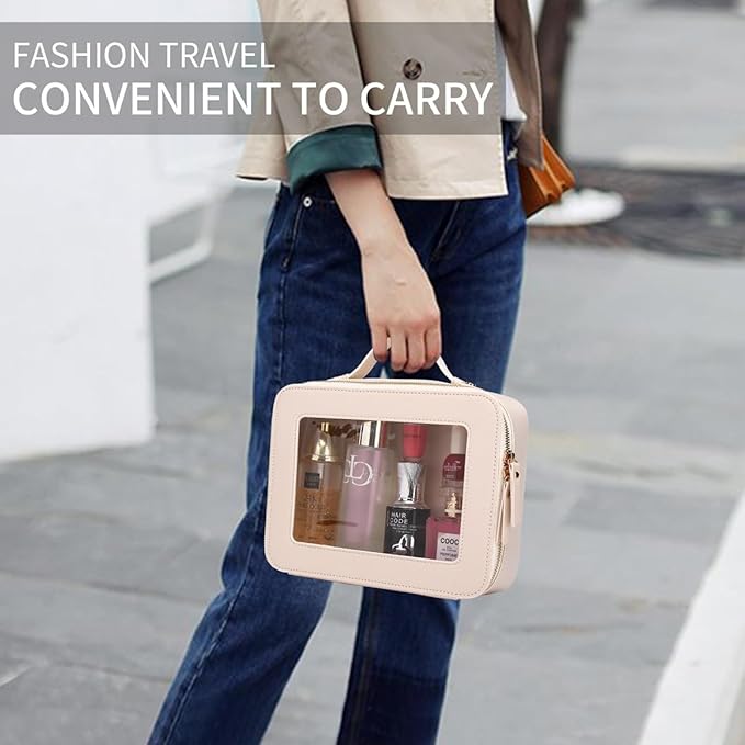 Pinkmik Clear Makeup Bag for Women Waterproof Travel Cosmetics and Toiletries Case Portable Makeup Oaganizer Bag Clear Car Bag with Zipper (Beige, M+L-1)