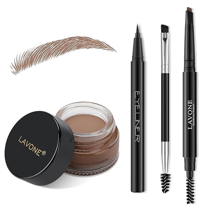 LAVONE Eyebrow Stamp Pencil Kit - Trio Makeup Brow Stamp Kit with Waterproof Eyebrow Pencil, Eyeliner, Pomade, Dual-ended Brush - Ash Brown