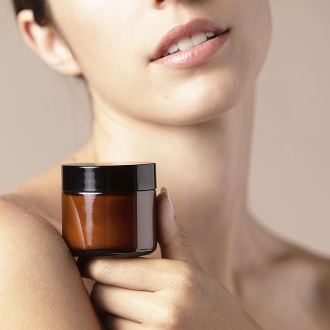 TUZAZO 2 Oz Thick Amber Round Glass Jars with Inner Lids and Black Lids, 24 Pack Small Empty Candle Making Jars/Cosmetic Containers for Lotions, Creams, Body Butters, Essential oil Beauty Products