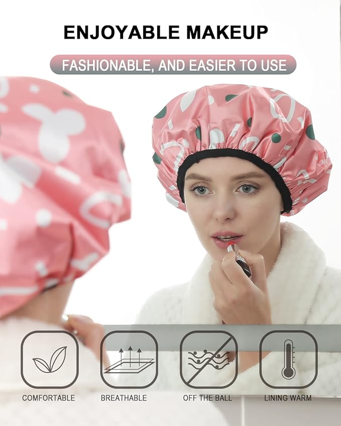 YIZIJIZI Triple Layer Reusable Waterproof Shower Cap for Women Large Terry Lined Hair Cap for Long Thick Hair Travel Bath Care Pink Flowers