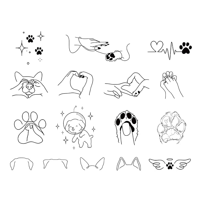 Dog Paw Temporary Tattoos – 16 Small Pet-Inspired Outline Tattoos for Dog Lovers, Cute & Minimalist, Realistic & Long-Lasting for 2 Weeks