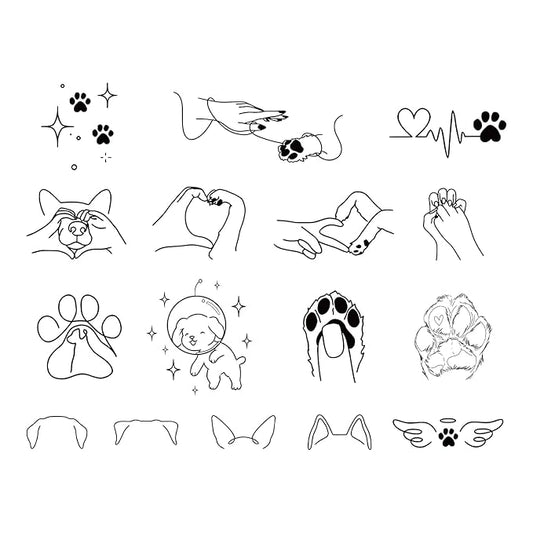 Dog Paw Temporary Tattoos – 16 Small Pet-Inspired Outline Tattoos for Dog Lovers, Cute & Minimalist, Realistic & Long-Lasting for 2 Weeks