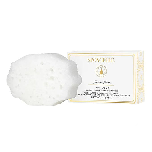 SPONGELLÉ Freesia Pear Pedi-Buffer with Built-In Cleanser - Exfoliates, Softens & Smooths Feet for Spa-Like Pedicure Experience, 30+ Uses