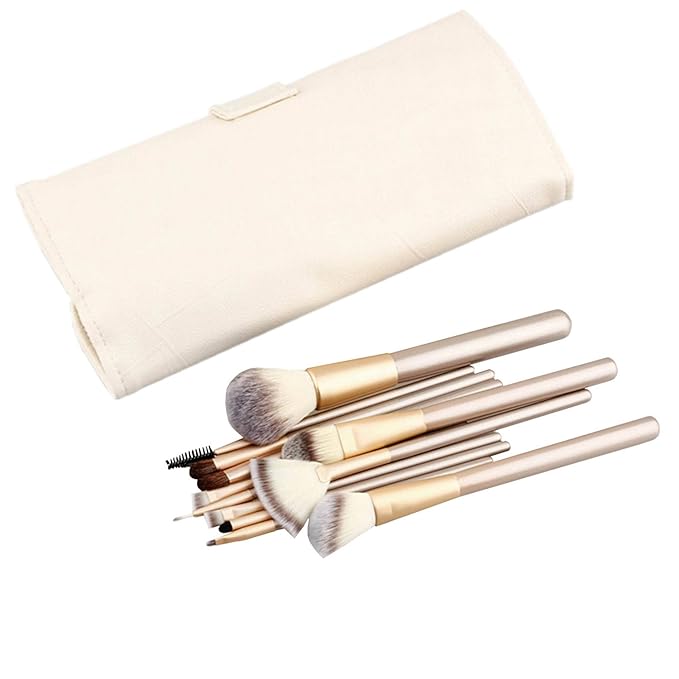 12 Piece Makeup Brushes Set | Horse Hair Professional Kabuki Makeup Brush Set Cosmetics Foundation Makeup Brushes Set Kits with White Cream-colored Case Bag