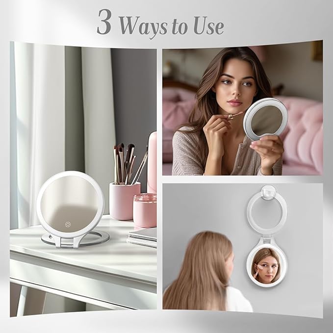 Luxspire Magnifying Mirror with Light, 10X / 1X Double Sided Makeup Mirror, Portable Travel Makeup Mirror with 3 Color Lights and Magnification, Foldable Handheld Lighted Mirror, White