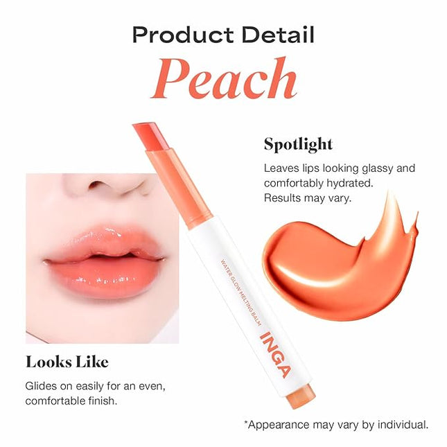 INGA Water Glow Melting Balm - Hydrating Tinted Lip Balm with Soft, Melt-On Texture, Natural Sheer, Glass-Like Finish with Non-Sticky, Lightweight Comfort (PEACH JUICE)