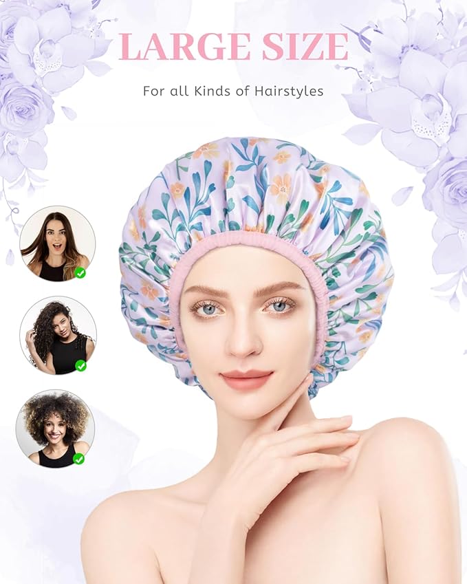 Shower Cap, Terry lined Reusable shower caps, Waterproof Large Shower Cap for Women, Hair cap Triple Layer Shower Caps for Long Thick Hair