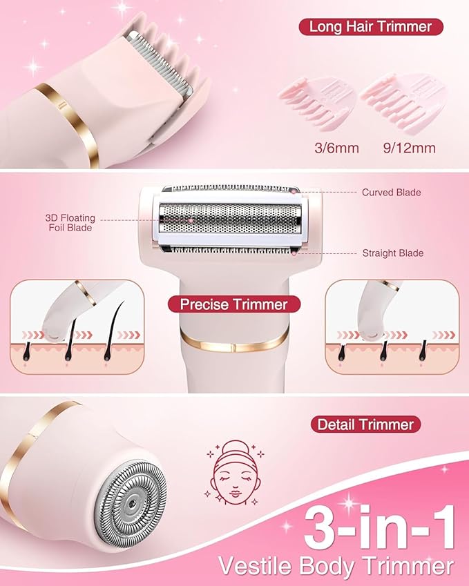 Bikini Trimmer for Women, 3 in 1 Electric Shaver for Womens,Painless Personal Body Hair Groomer,Smooth Hair Trimmer for Pubic Hair,USB-C Charger,IPX7 Waterproof,Ceramic Blades,Peach