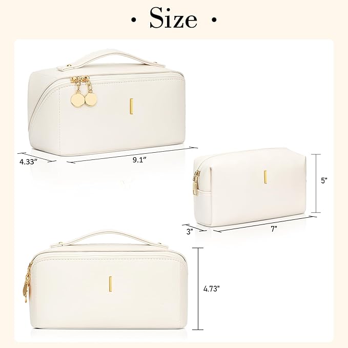 Birthday Gifts for Women Teen Girl, Personalized Initial Makeup Organizer Bag Set, Open Flat Travel Cosmetic Bag With Clear Divider and Handle(Beige,I)