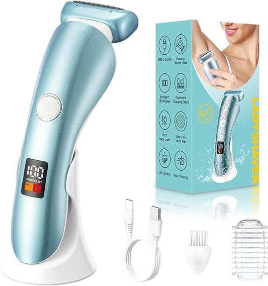 Electric Razors for Women, Bikini Trimmer Wet & Dry Use, Painless Pubic Hair Trimmer, Rechargeable Electric Shaver for Legs, Face, Pubic Hair, Underarms with Detachable Head, Blue