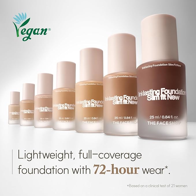 THE FACE SHOP Ink Lasting Liquid Foundation, Full Coverage, 72‑Hour Wear Semi‑Matte Finish, Makeup with Bakuchiol, C410 Gingerbread, 0.84 Fl. Oz.