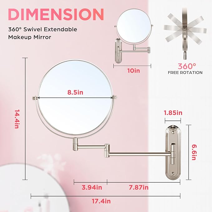 Wall Mounted Makeup Mirror, 10x Magnifying Mirror for Wall,8.5 Inch Makeup Mirror with 3 Color Double Sided 360° Swivel Extendable Bathroom Mirror, Shaving Mirror, Brushed Nickel-No Lights