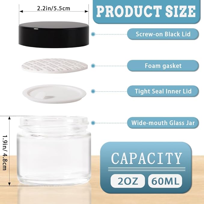 3 pack 2oz Glass Jars Round Empty Cosmetic Containers, Refillable Glass Jars with Lids for Face Creams, Lotions, Powders,Salves Ointments,Potravel Storage