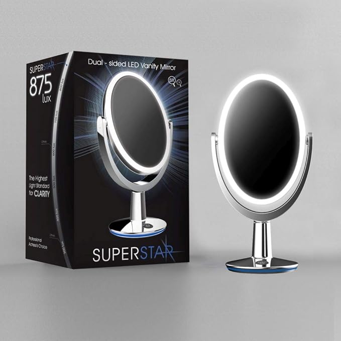 Superstar Oval Shaped Dual-Sided Lighted Makeup Mirror, 1X/5X Magnifying Vanity Makeup Mirror, 360 Degree Rotating Adjustable Brightness Mirror, Brushed Nickel