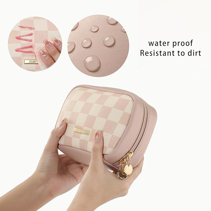 RIGHT AWAY Makeup Bag,Travel Cosmetic Bag Organizer with Zipper,Waterproof Toiletry Bags Makeup Pouch for Purse, Small Make Up Bag &Cases with Compartments for Women Girls（Pink Checkerboard）