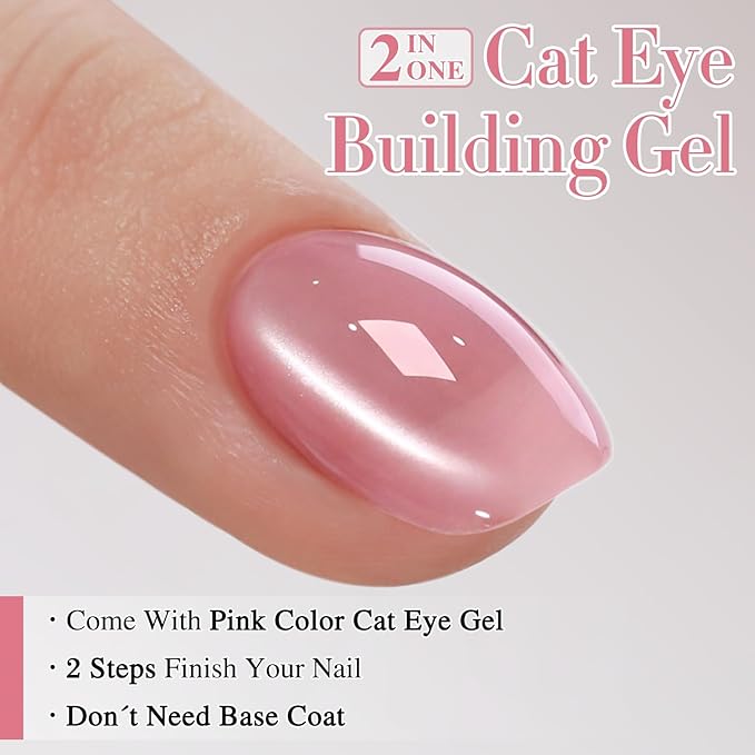 Double Rhythm 0.5 OZ Cat Eye Gel Polish with Magnet 15ML Holographic Glitter Shimmer Translucent Jelly Color Magnetic Polish Salon DIY at Home (Pink Builder-MC1202)