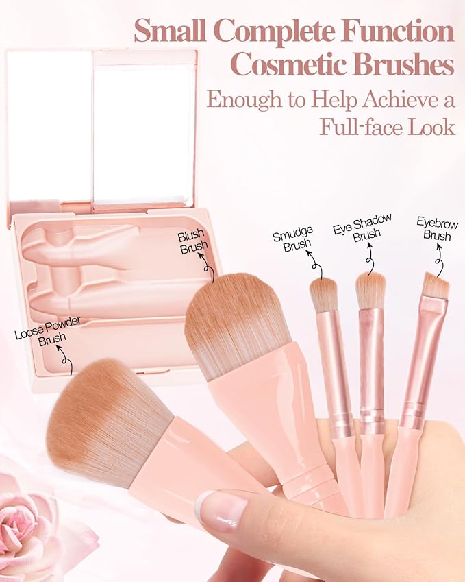 Travel Size Makeup Brushes Mini Set with Hard Case and Built-in Mirror, 5Pcs Small Cosmetic Brushes, On the Go Brush Travel Essentials kits for Women, Girls Gift (Light Pink)