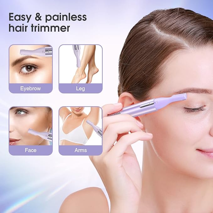 TOUCHBeauty Eyebrow Hair Trimmer for Women, Painless Precision Eyebrow Shaper, Pen-Shaped Hair Remover Razor for Face Chin Neck, Upper-Lip, Peach-Fuzz Mini Sized Battery-Operated Purple Color 1658A